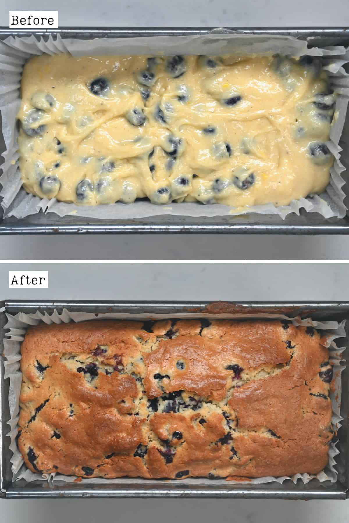 Before and after baking blueberry bread