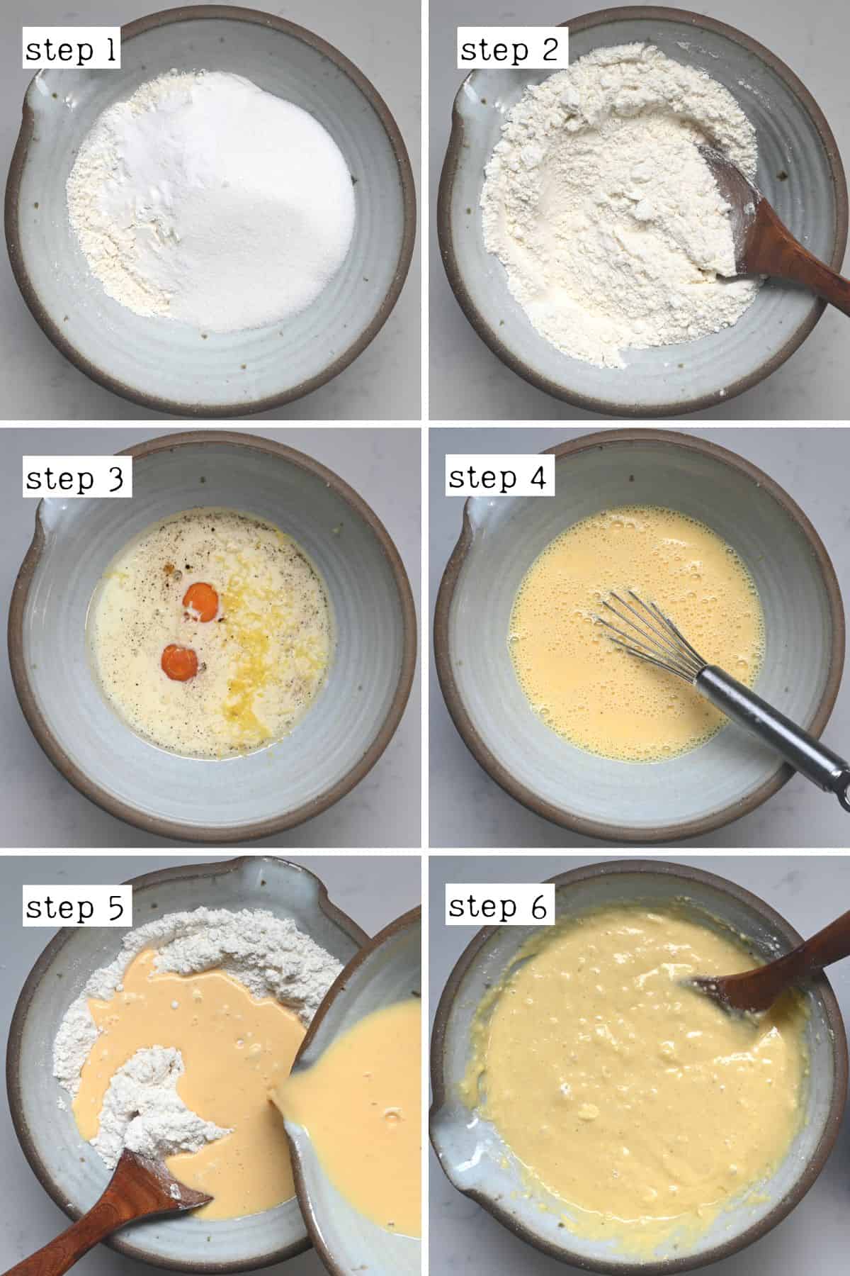 Steps for mixing dry and wet ingredients for cake