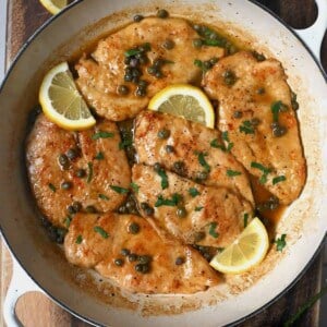 Chicken piccata freshly made in a large pan