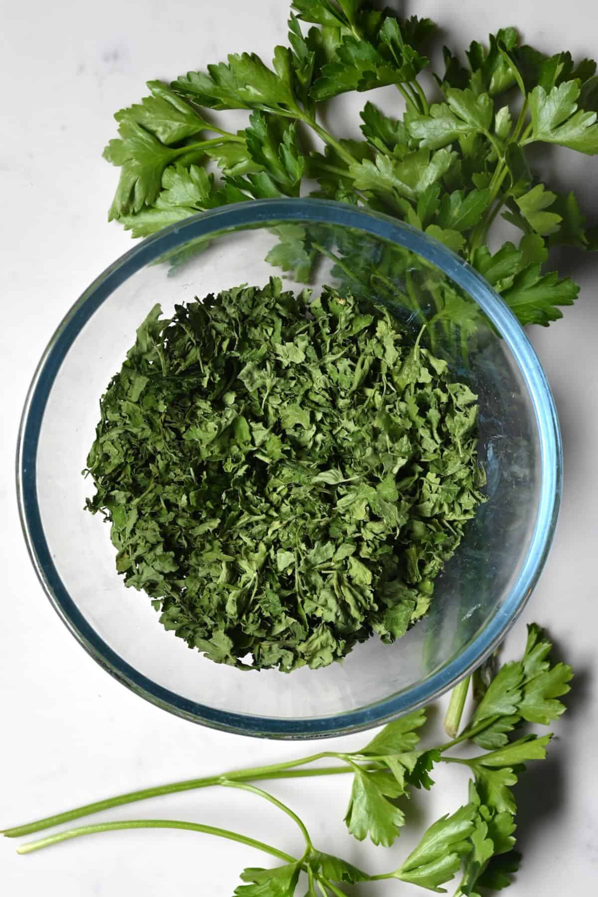 A bowl with homemade dehydrated parsley