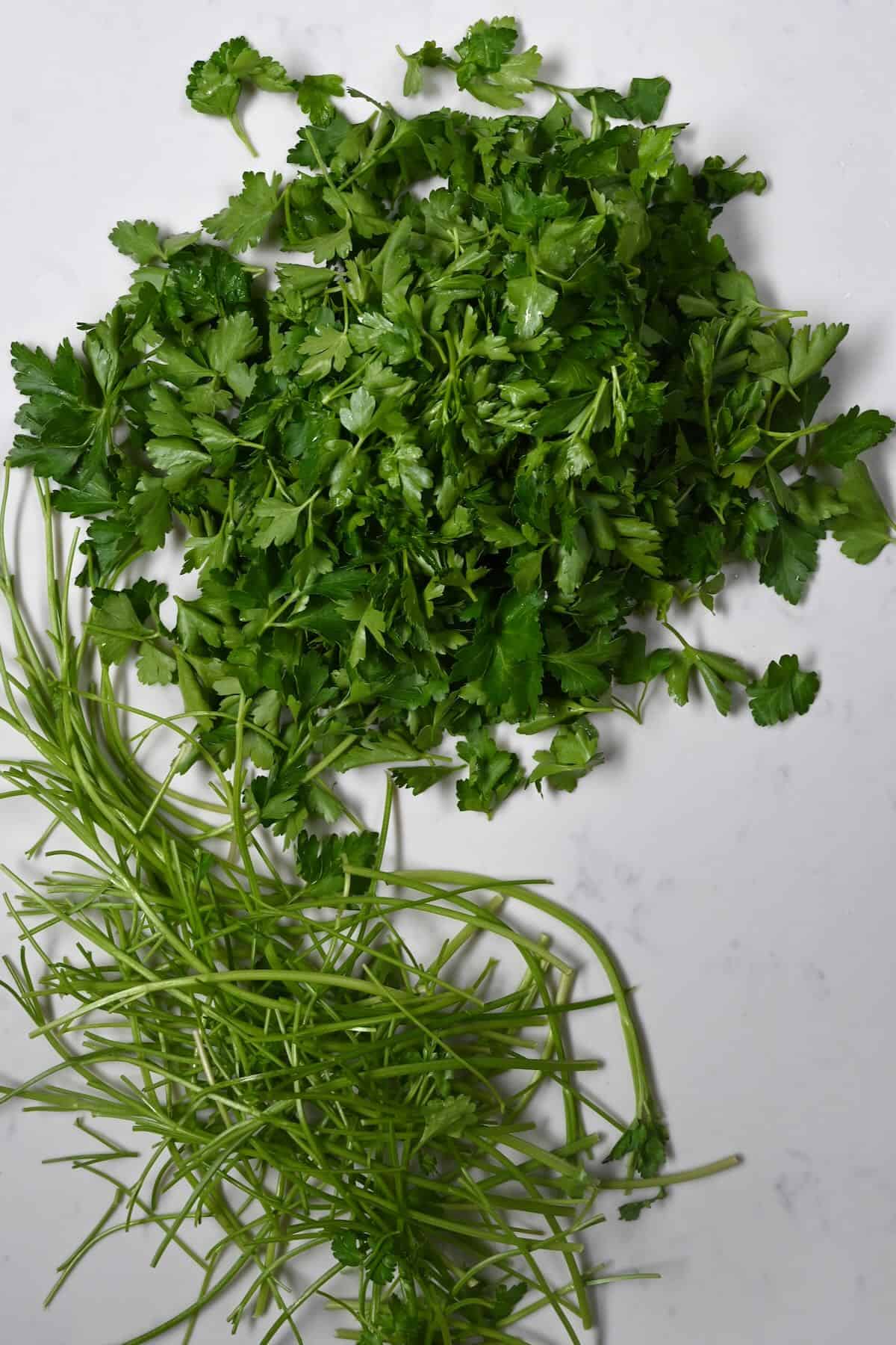 Stems removed from fresh parsley