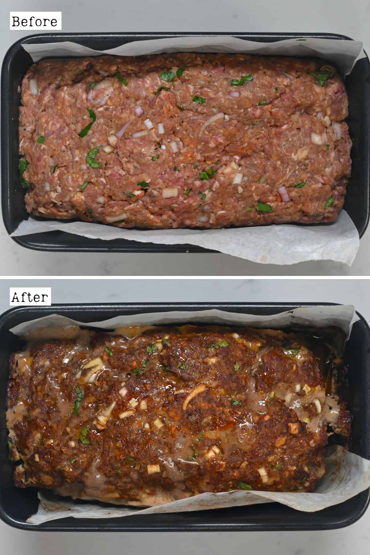 Before and after cooking meatloaf