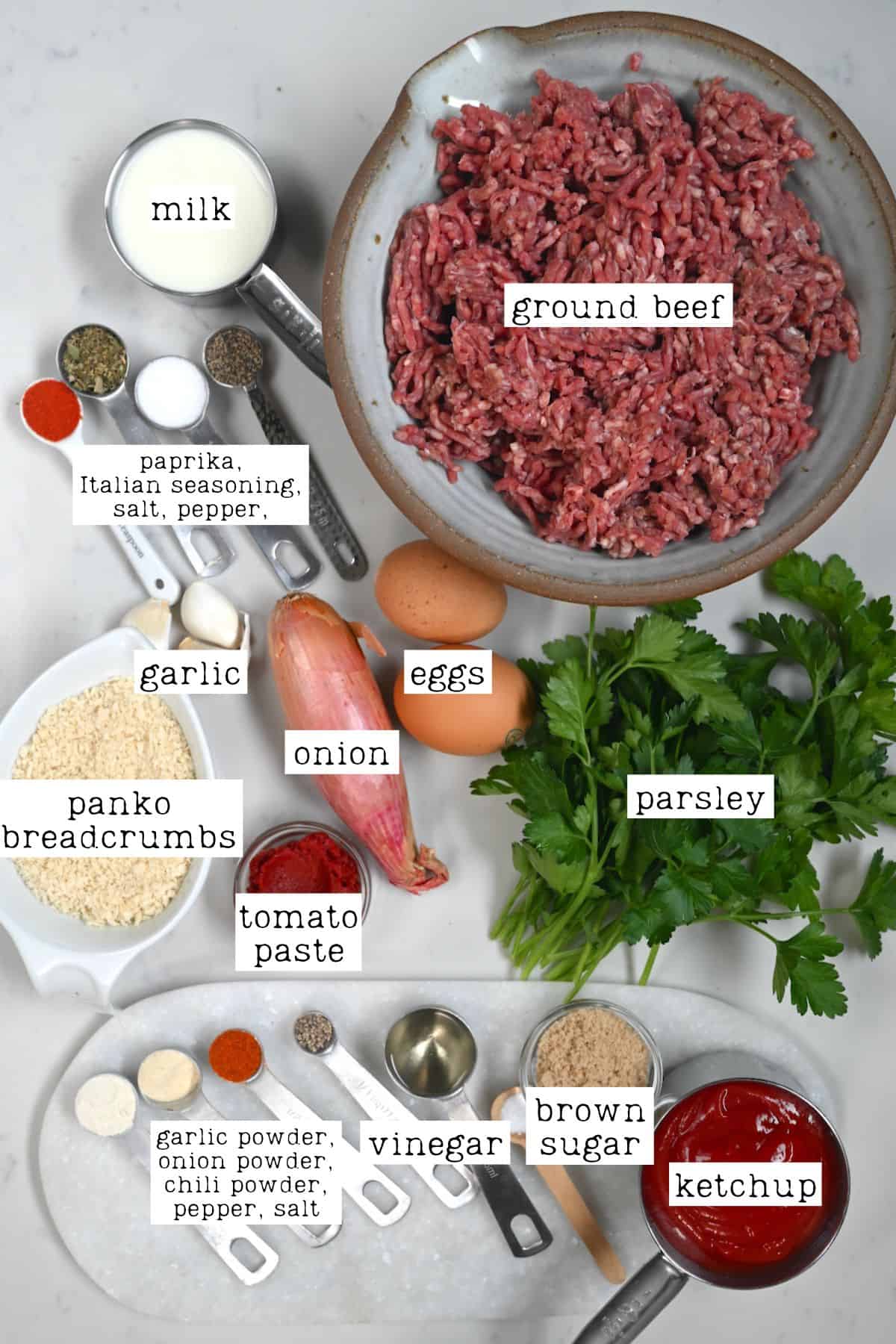 Ingredients for meatloaf and meatloaf glaze
