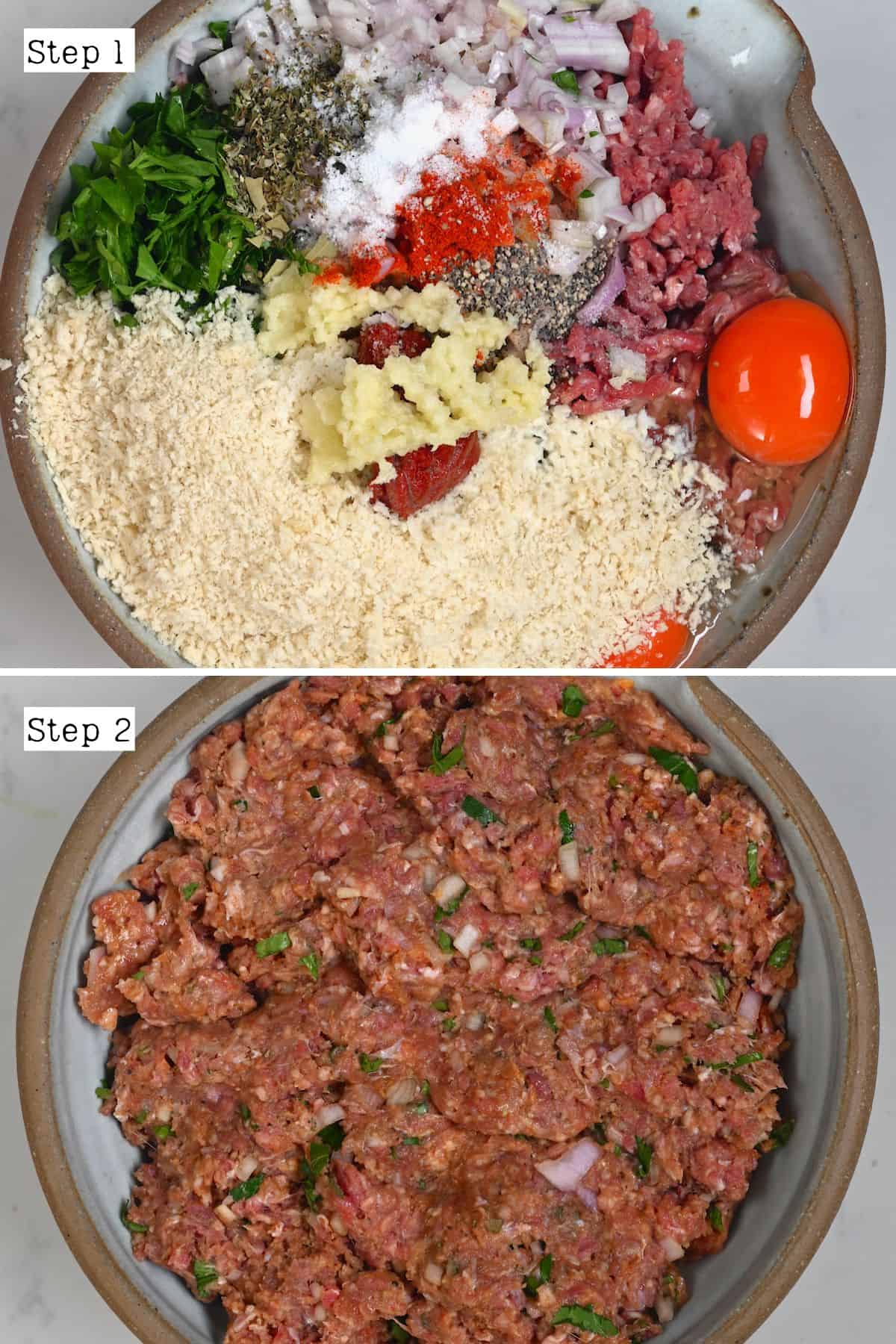 Steps for mixing meatloaf ingredients in a bowl