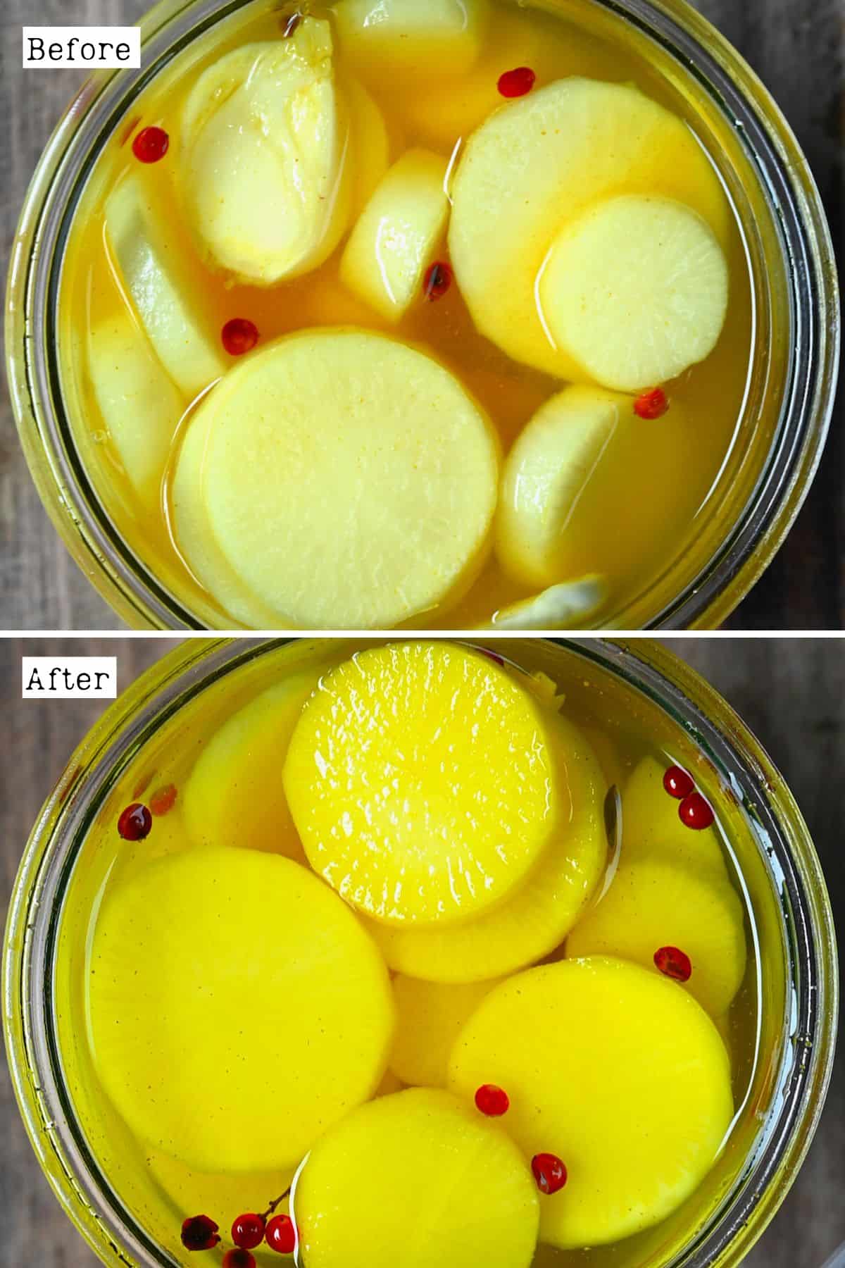 Before and after pickling daikon with turmeric brine