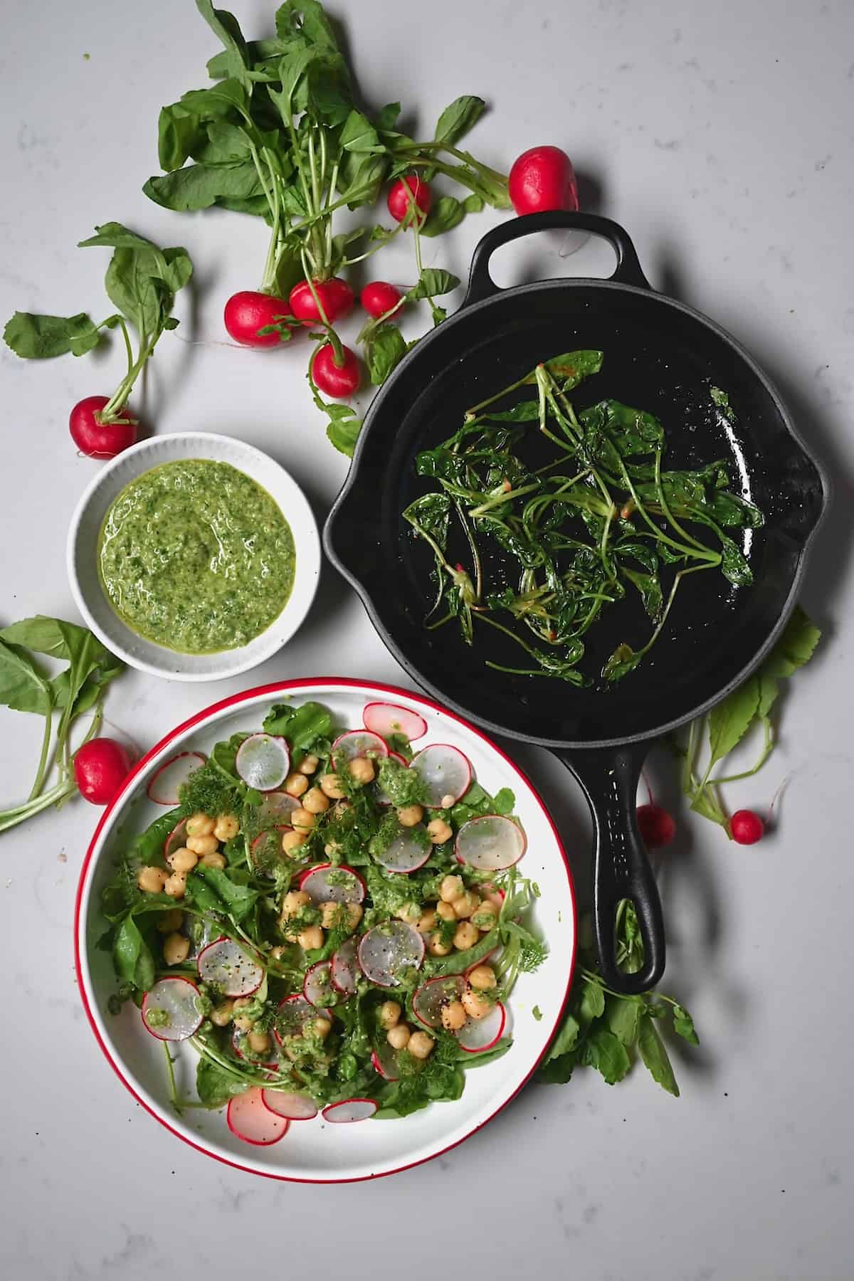 Three ways of cooking radish greens - making pesto, salad and sautéing them