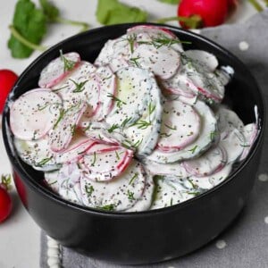 A bowl with radish cucumber salad