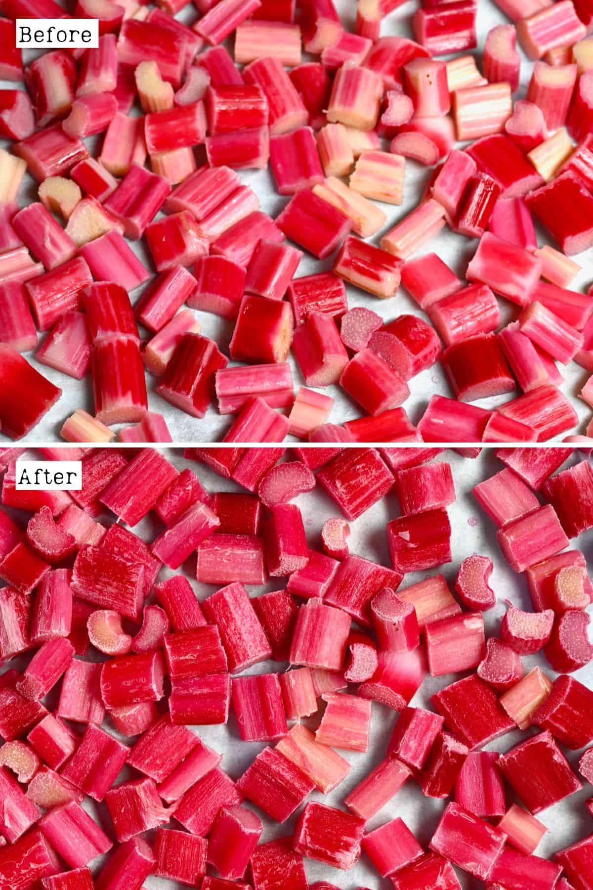 Before and after flash-freezing rhubarb