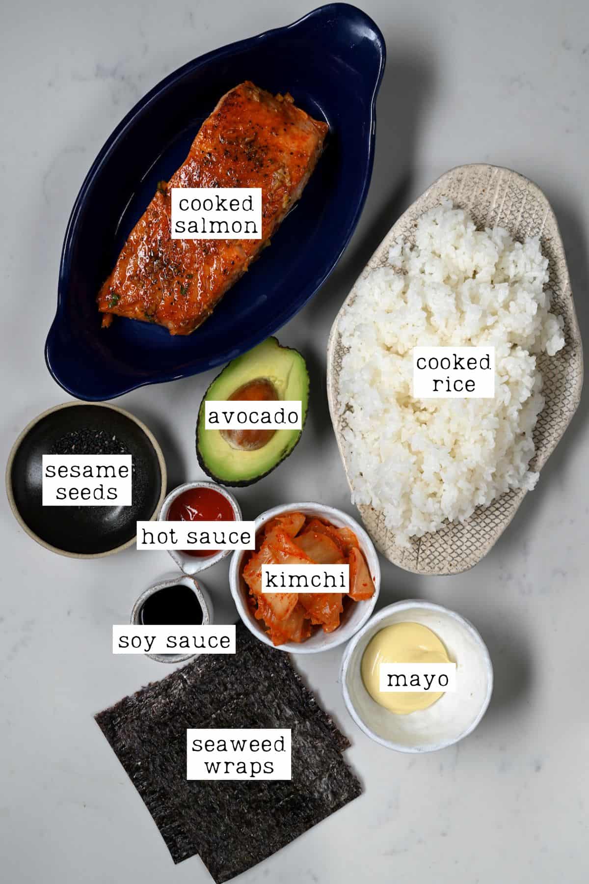 Ingredients for salmon rice bowl