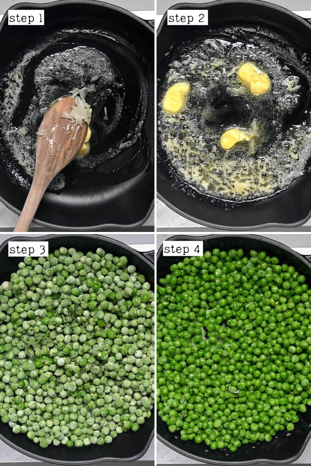 Steps for cooking green peas in a pan