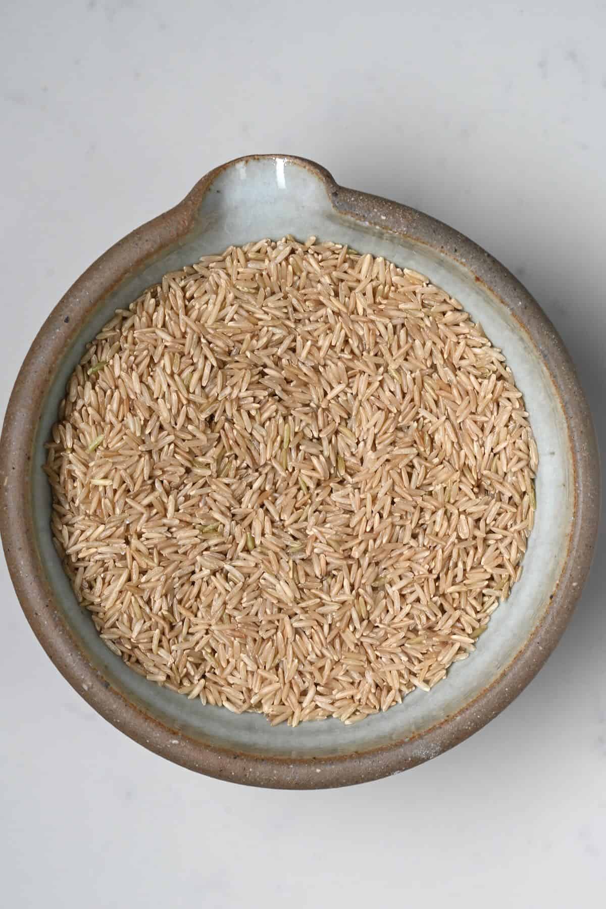 A bowl with long-grain brown rice