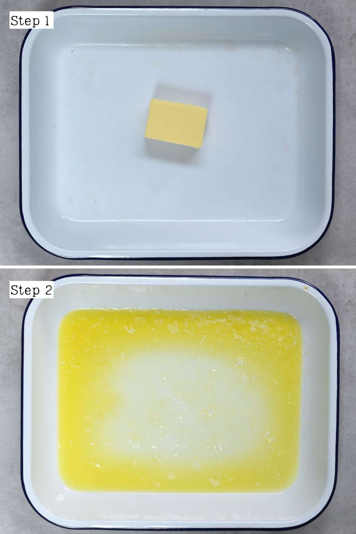 Steps for melting butter in a baking pan