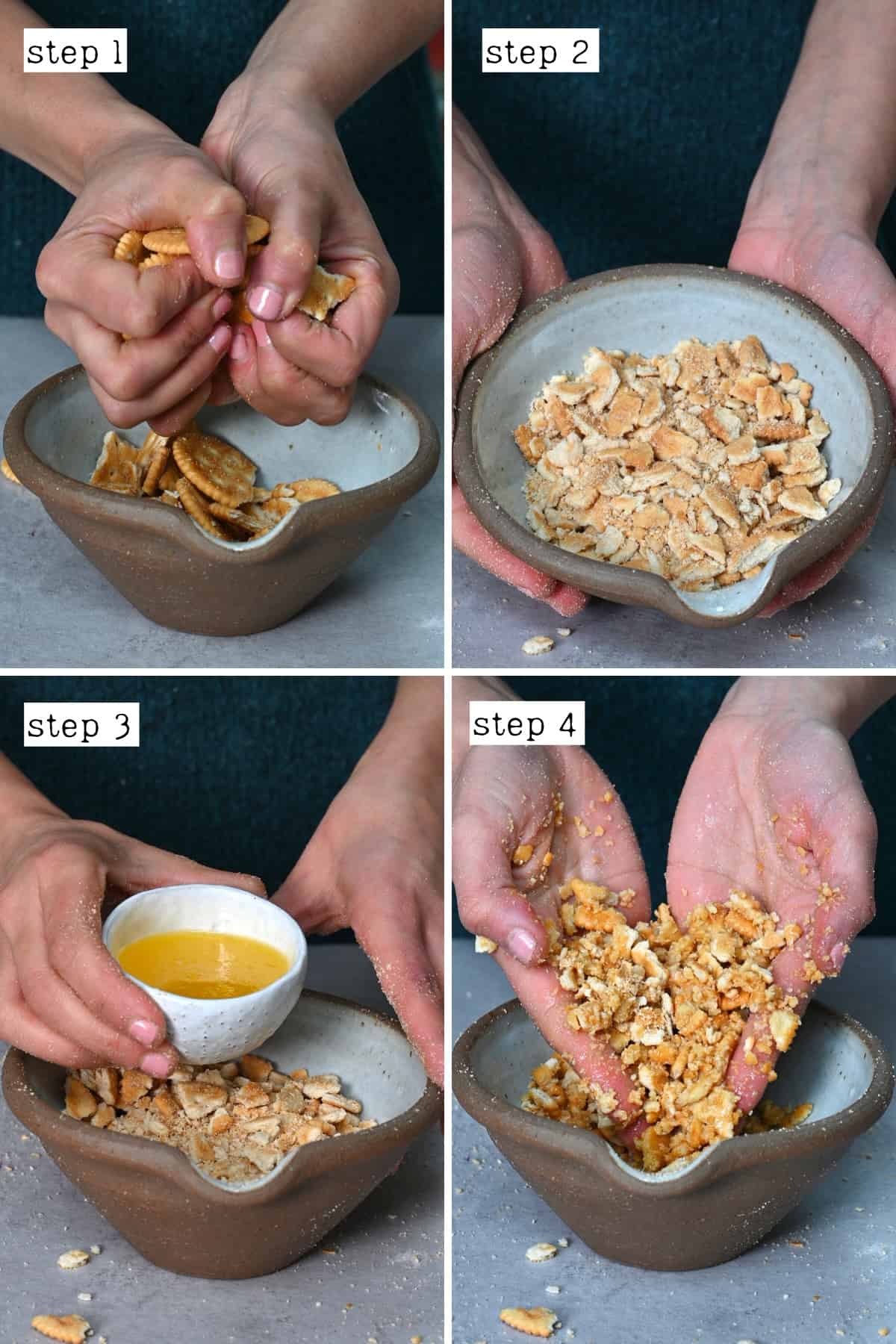 Steps for mixing crackers with melted cheese