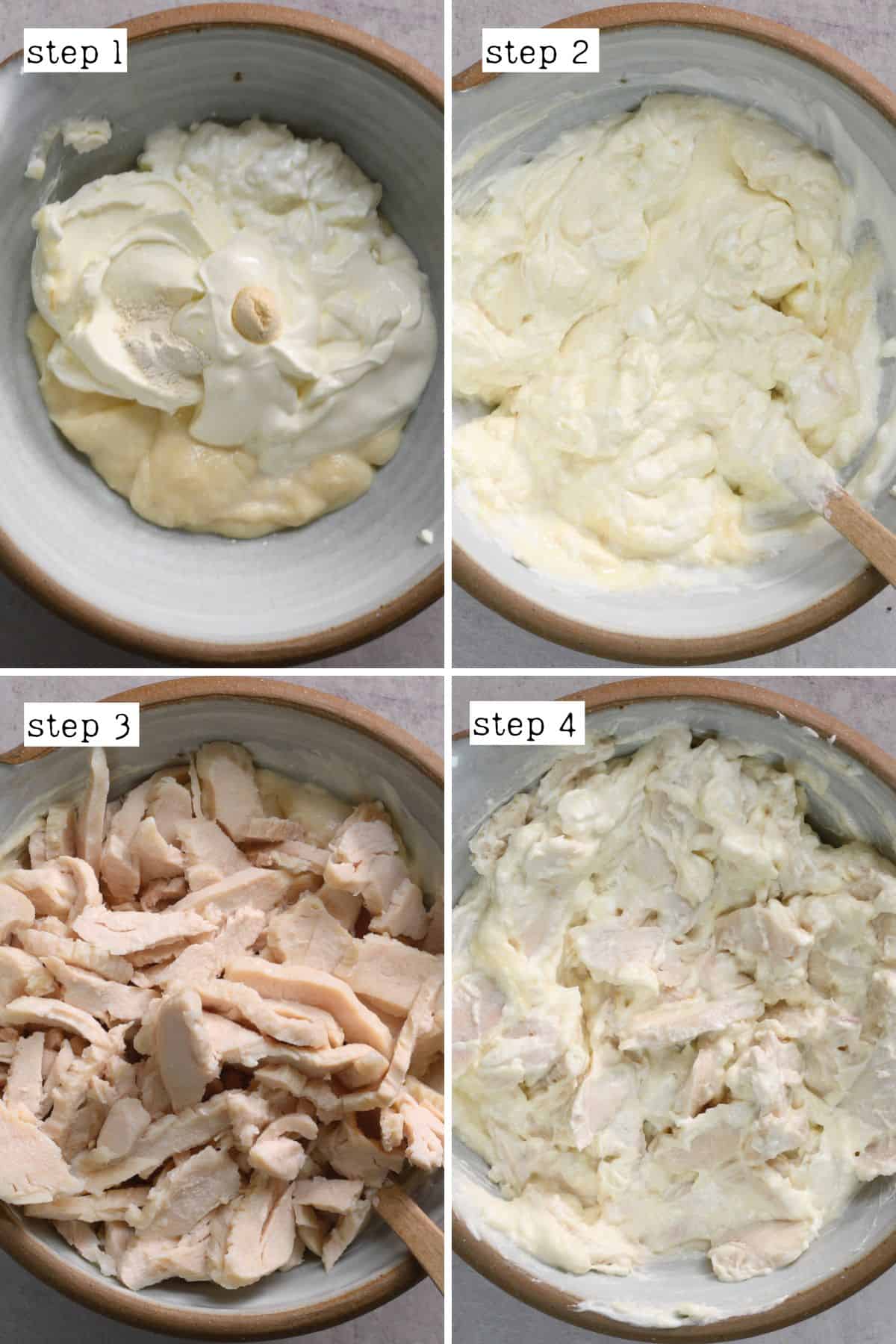 Steps for mixing cream cheese, seasoning, and chicken