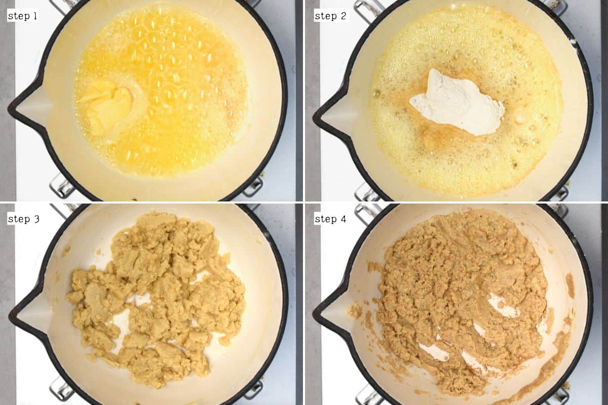 Steps for mixing butter and flour in a pot