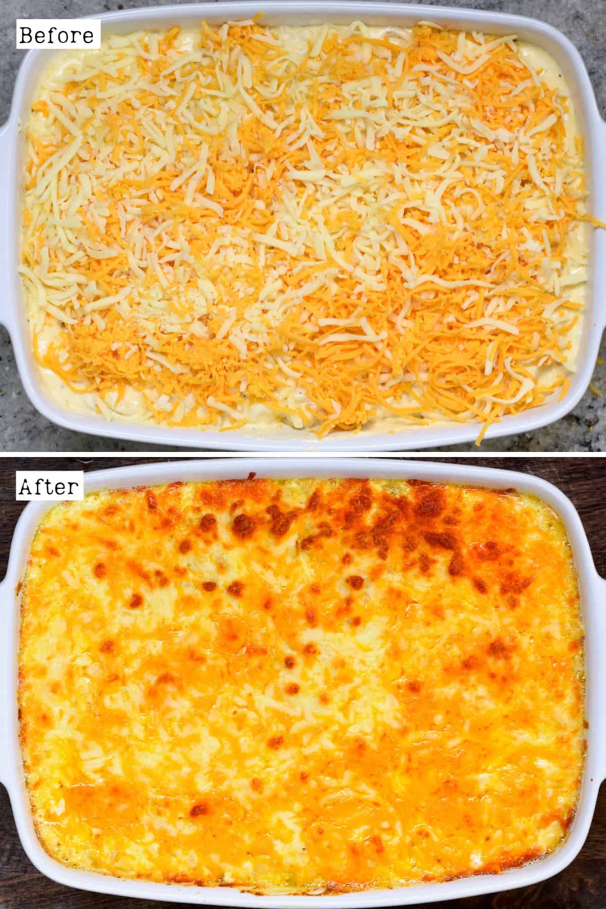 Before and after baking macaroni and cheese