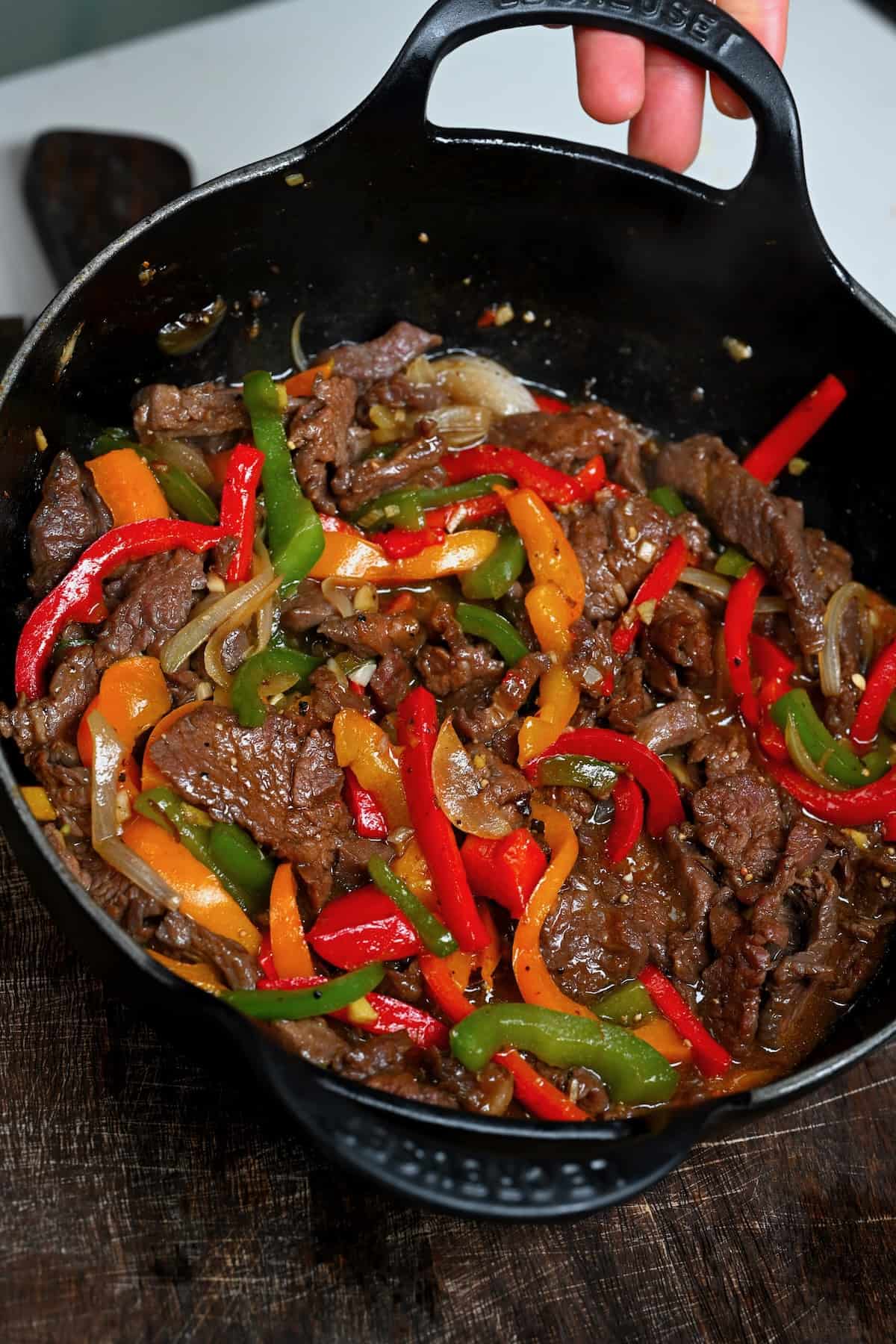Pepper steak prepared in a wok