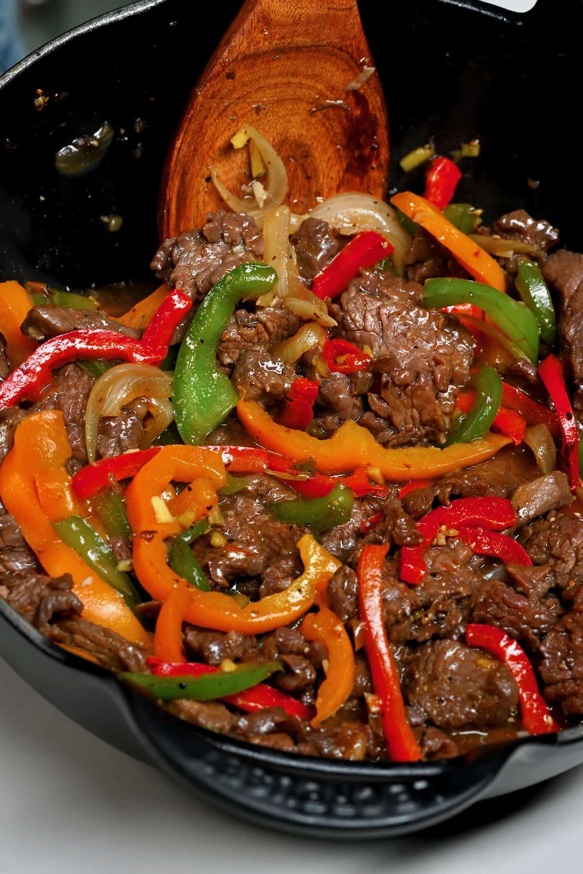 Pepper steak prepared in a wok