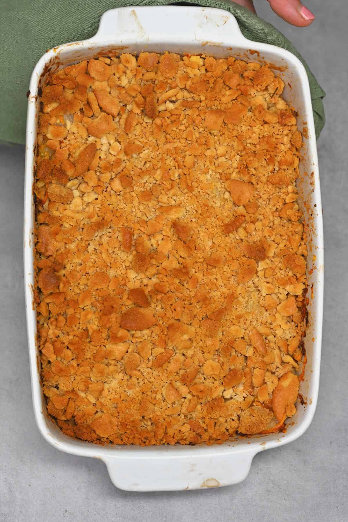 Freshly baked pineapple casserole in a baking dish