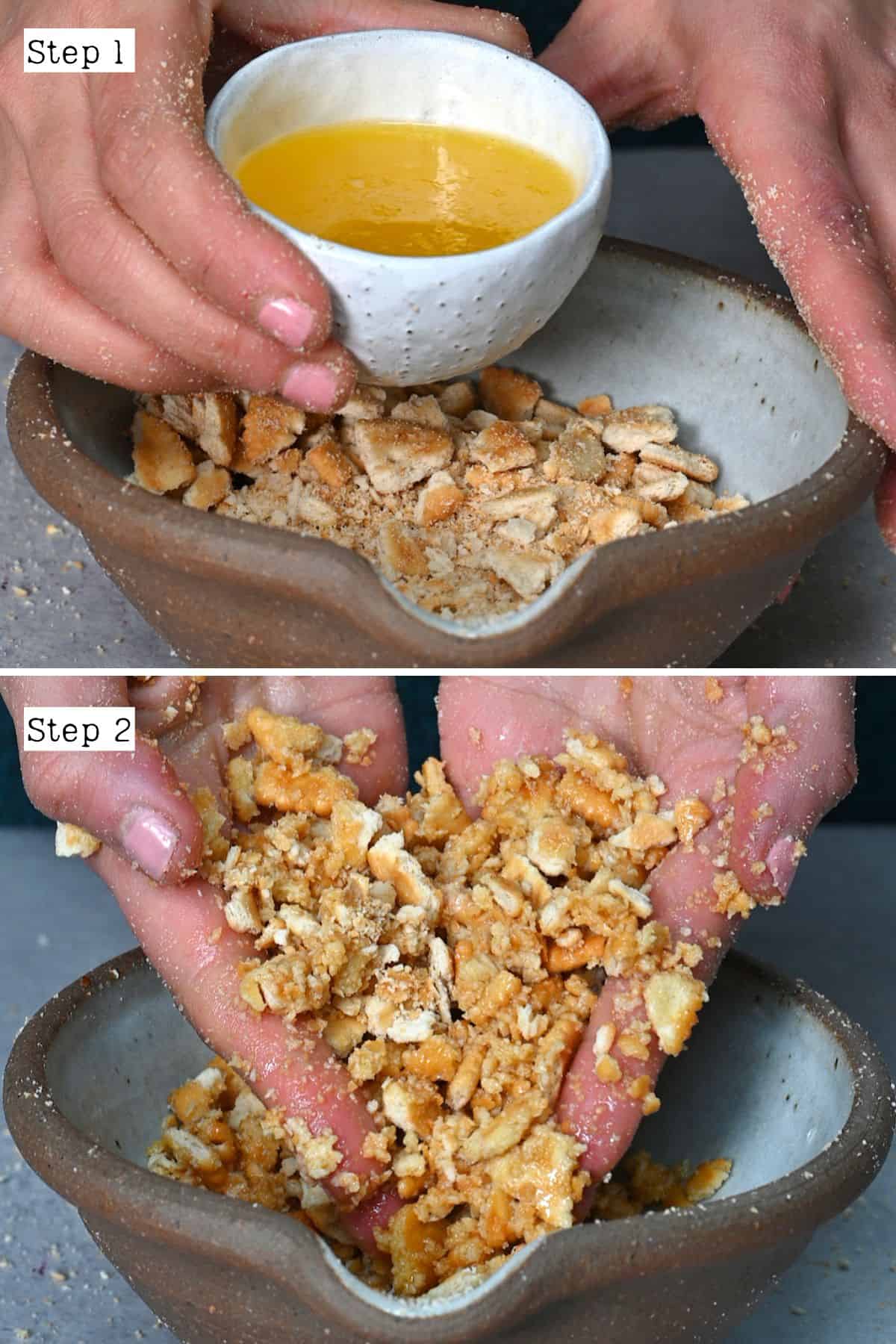 Steps for mixing crackers with melted butter