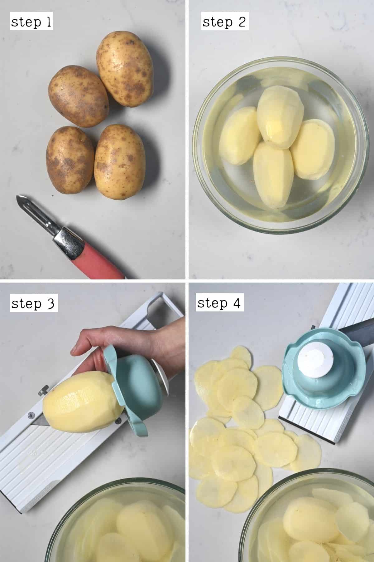 Steps for peeling and thinly slicing potatoes