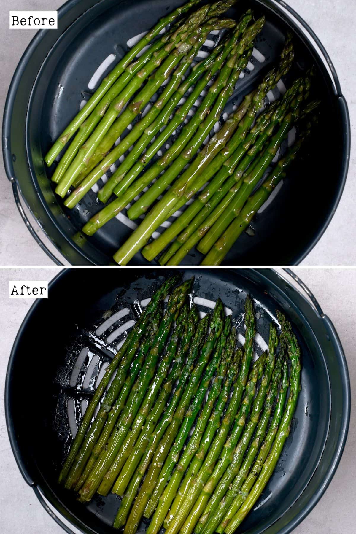 Before and after air frying asparagus