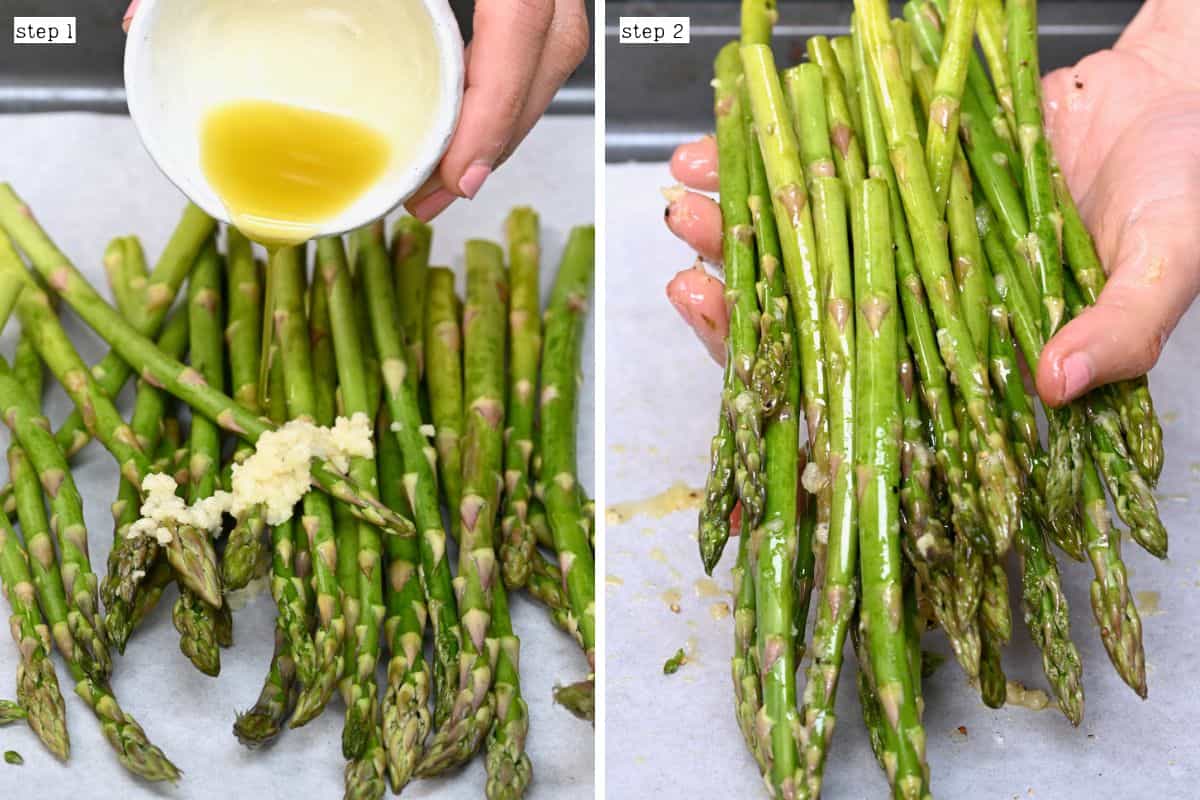 Steps for tossing asparagus with oil and garlic