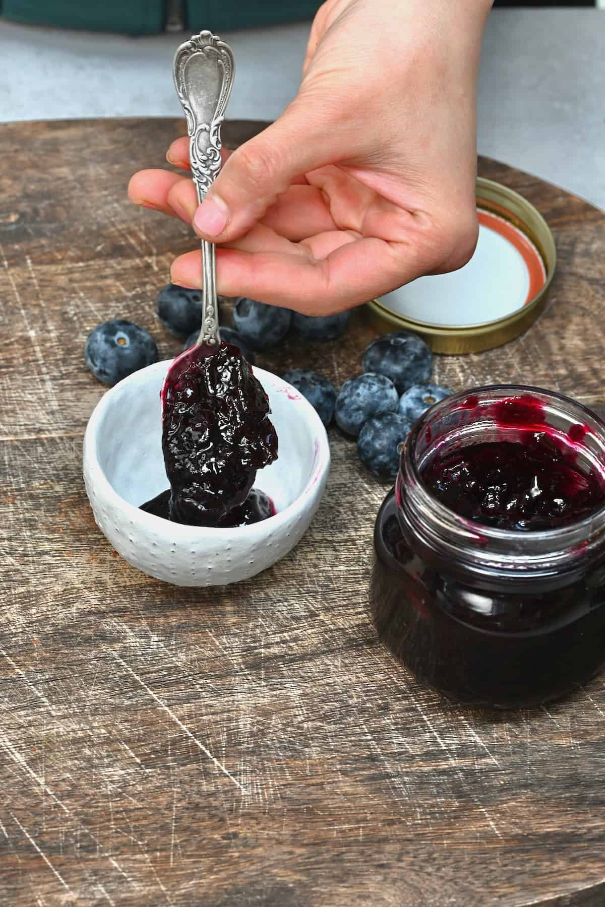A spoonful of homemade blueberry jam