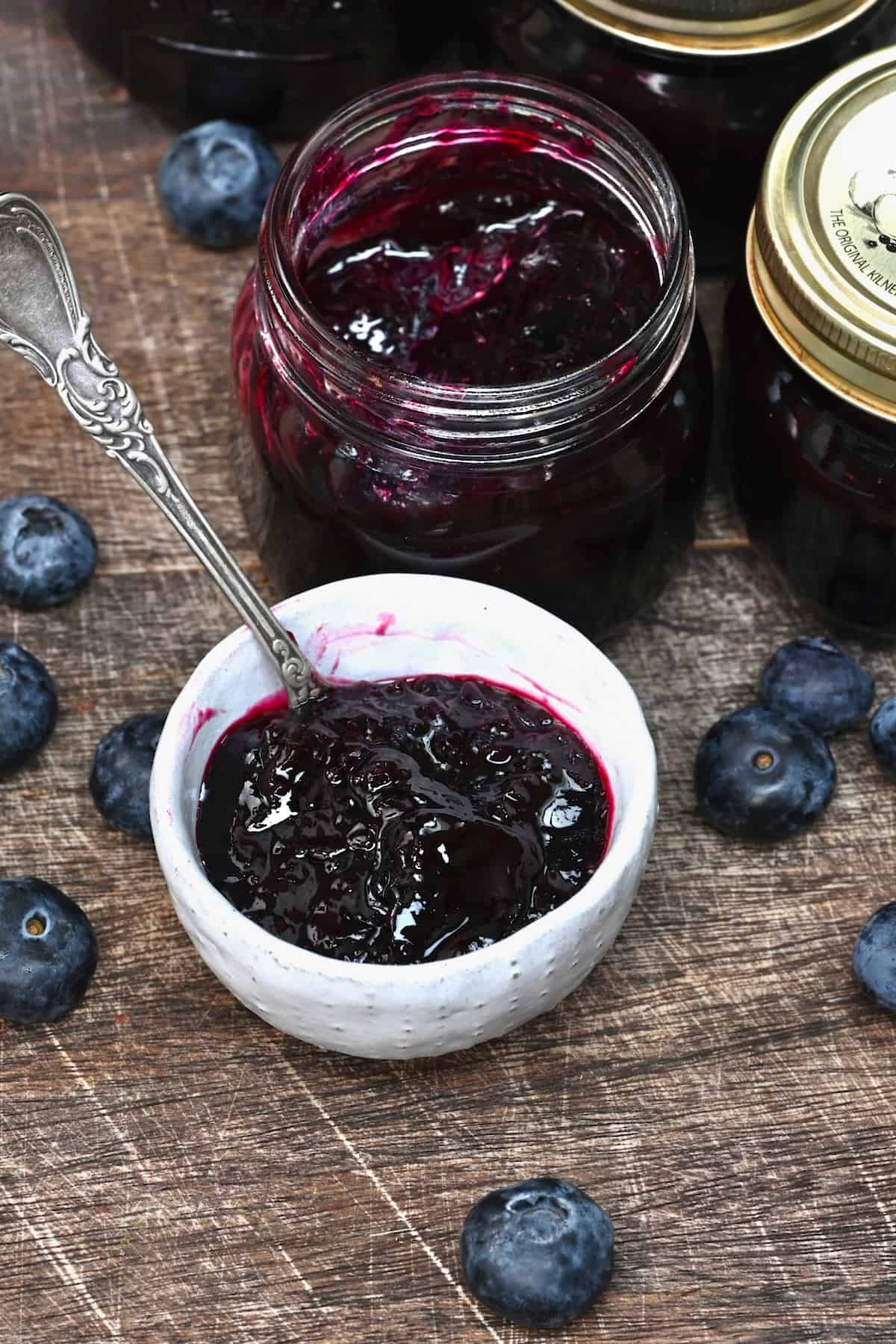 A small bowl with homemade blueberry jam