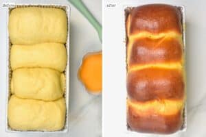 Before and after baking a brioche