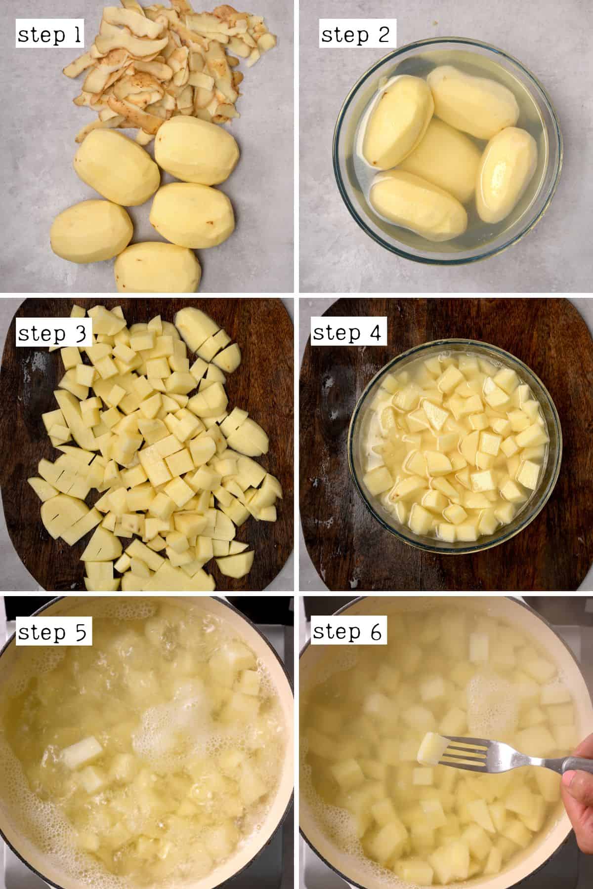 Steps for peeling, cutting, and boiling potatoes