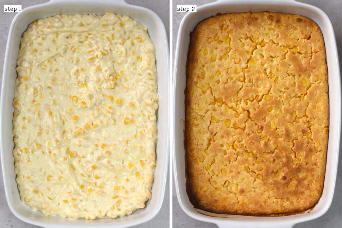 Before and after baking a corn casserole