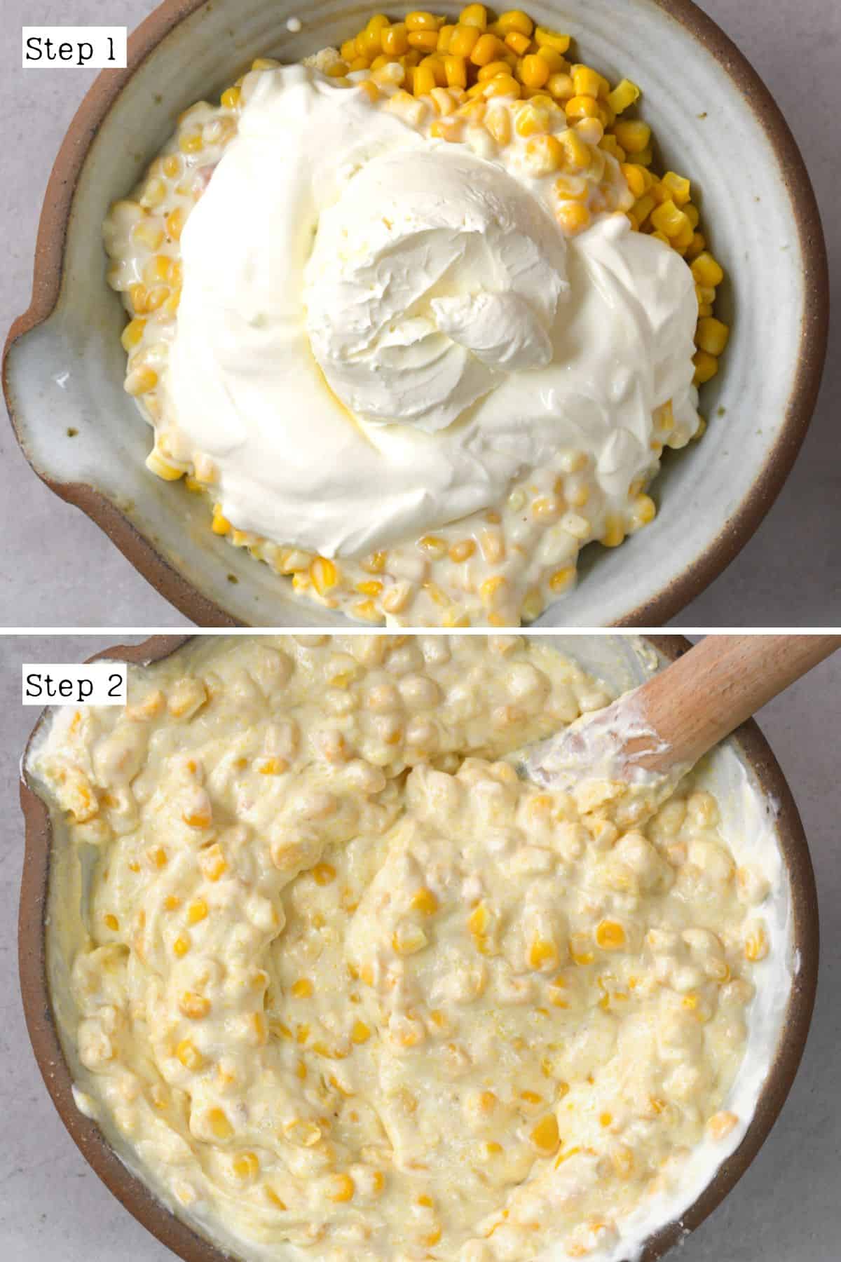 Steps for mixing ingredients for corn casserole