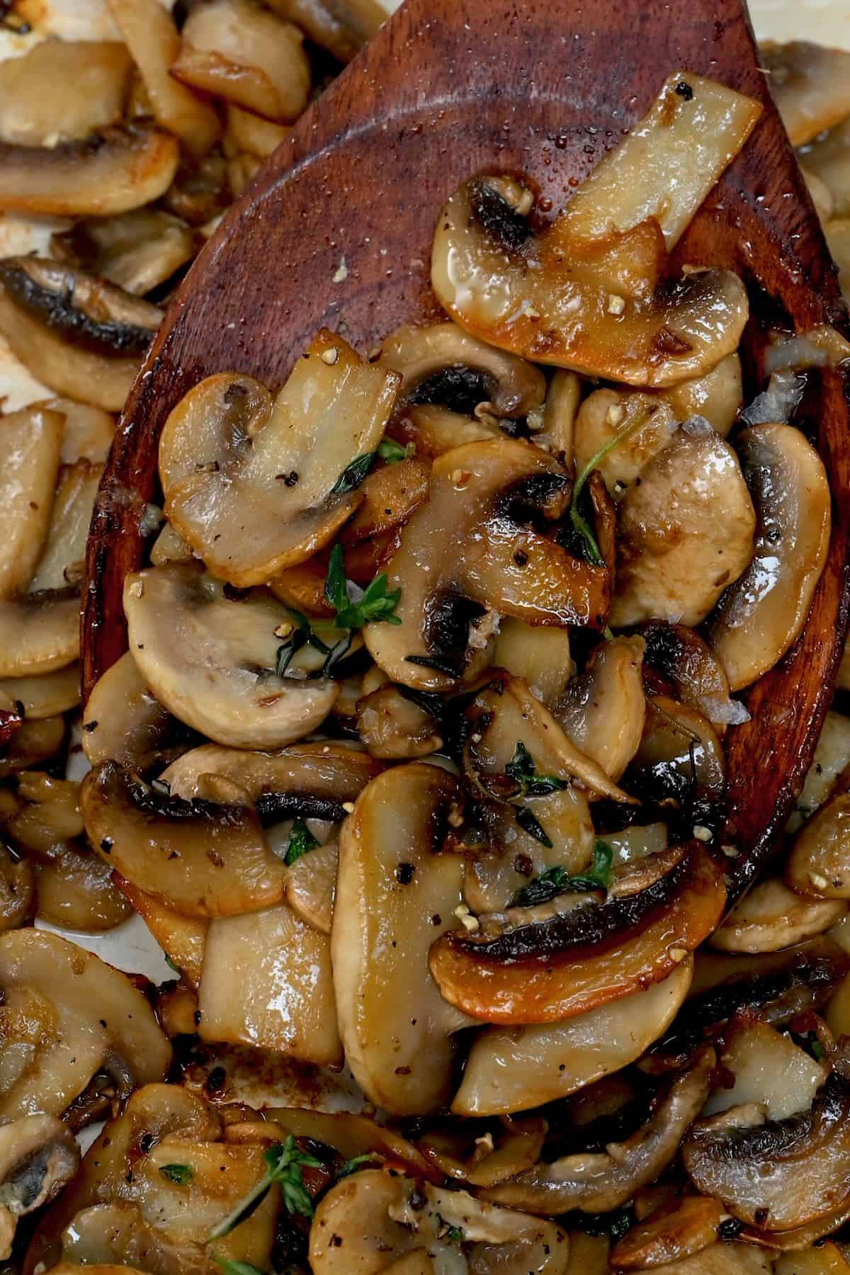 A close up of sauteed mushrooms