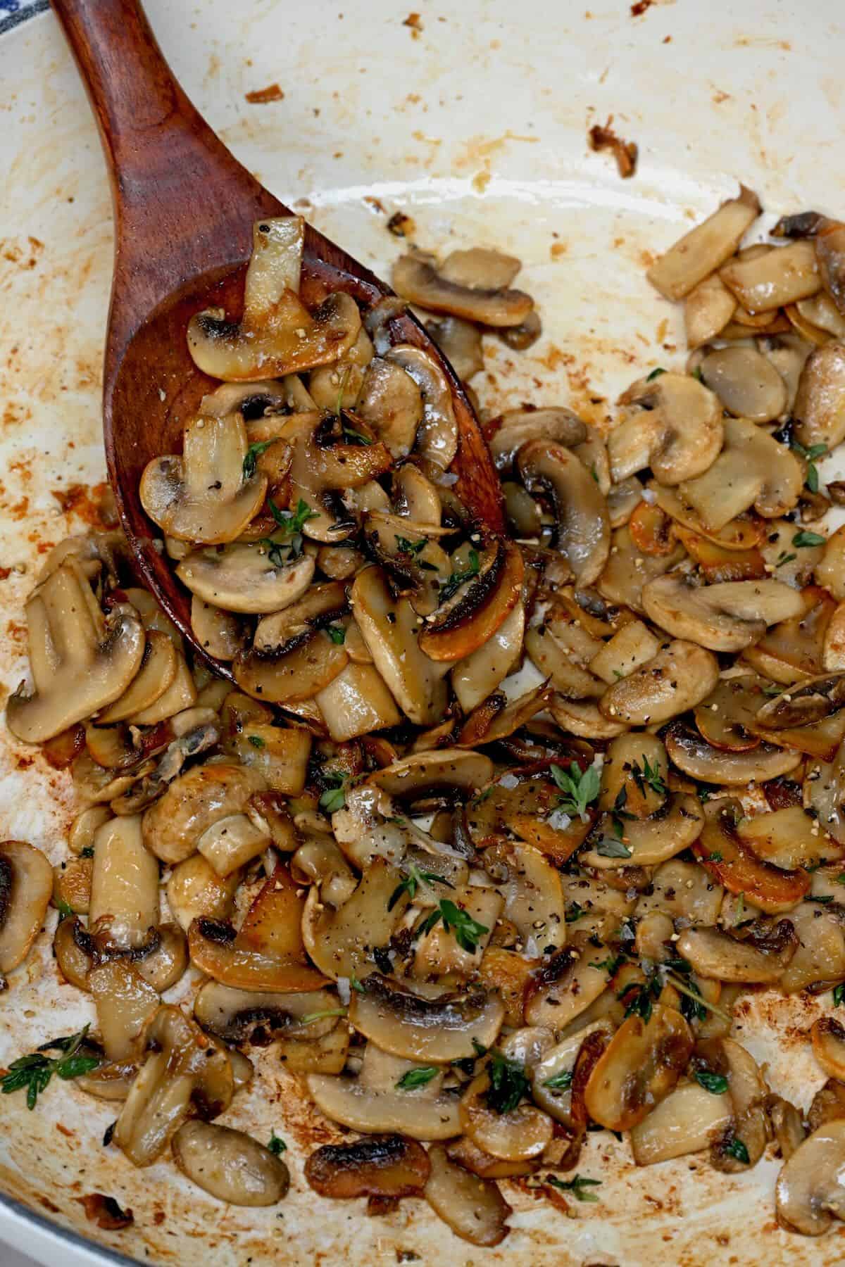 Sauteed mushrooms in a pan