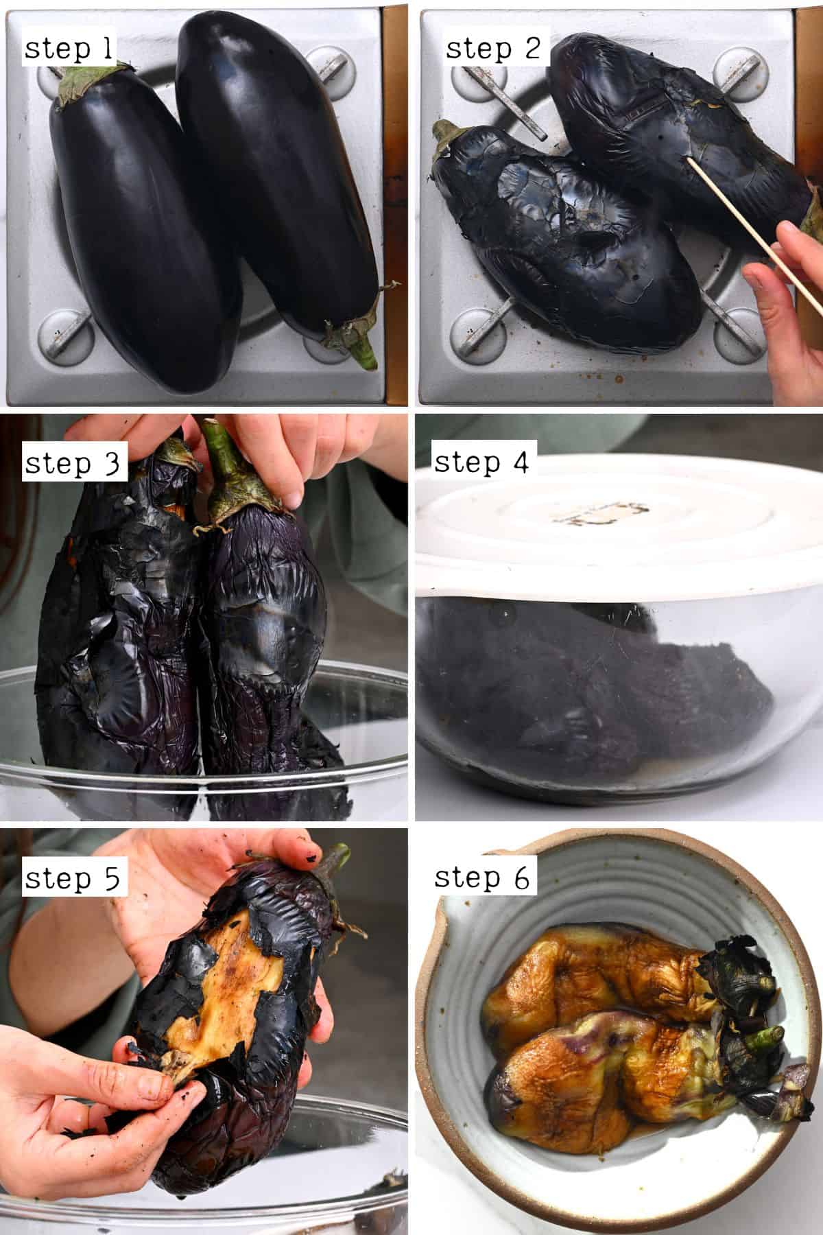 Steps for charring and peeling eggplants