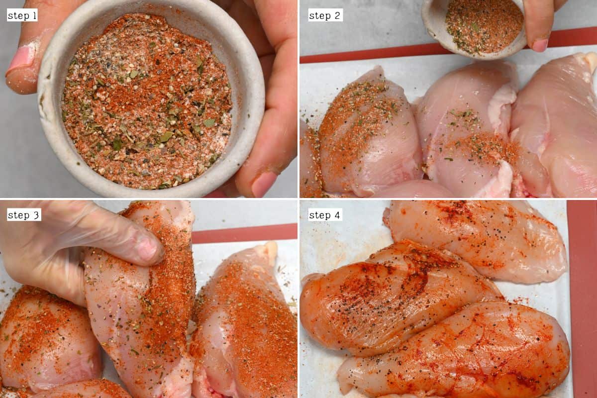 Steps for coating chicken breasts with spices