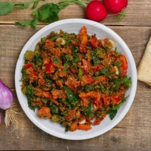 A serving of Kamounit Banadoura - bulgur wheat salad