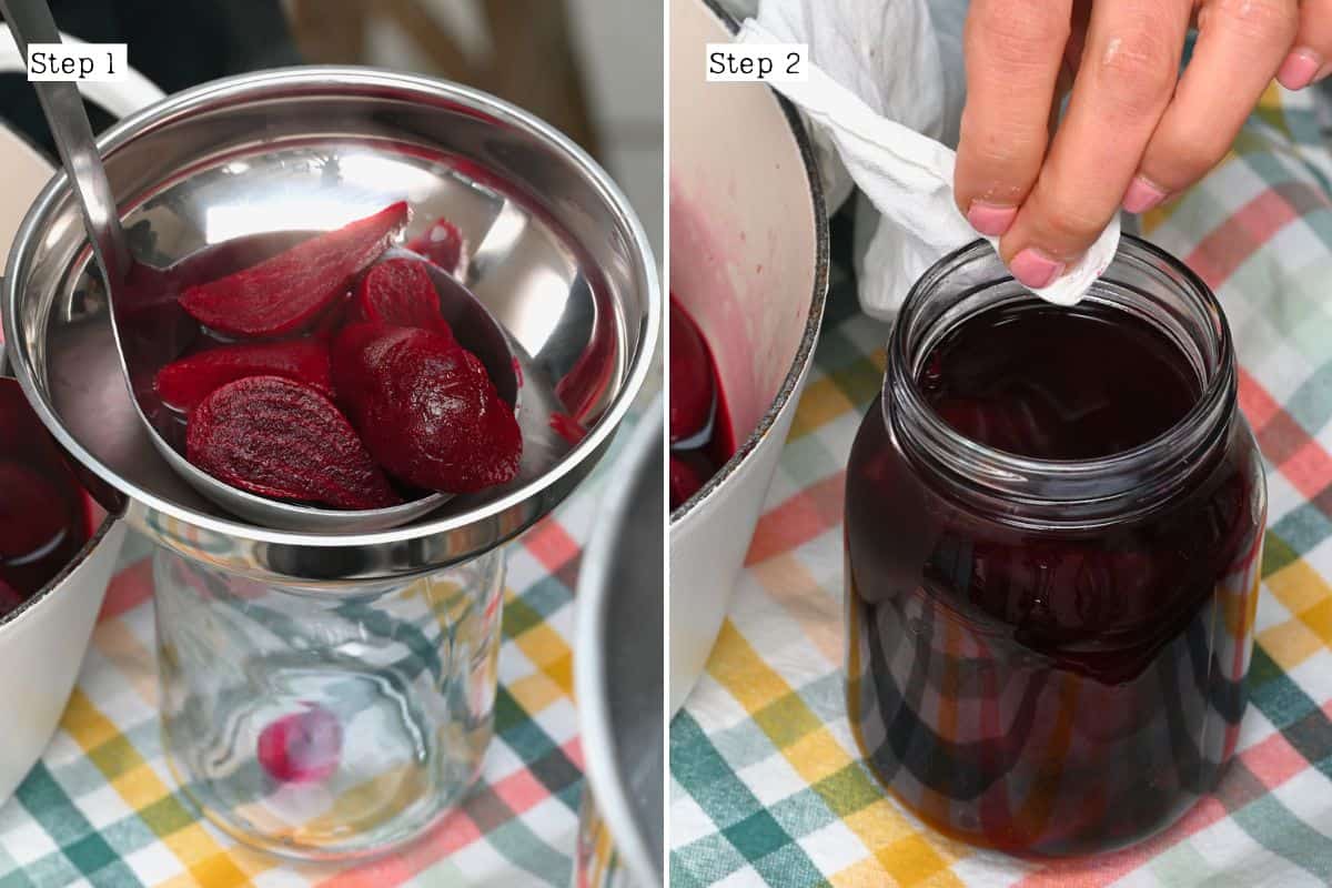 Filling jars with pickled beets