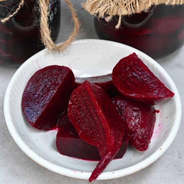 A small plate with homemade pickled beets