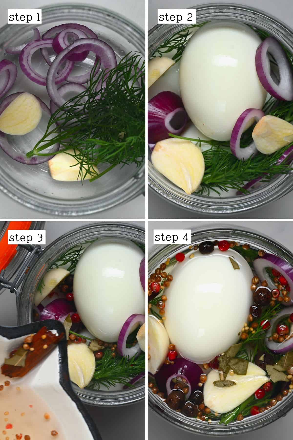 Steps for filling a jar with eggs and pickling brine