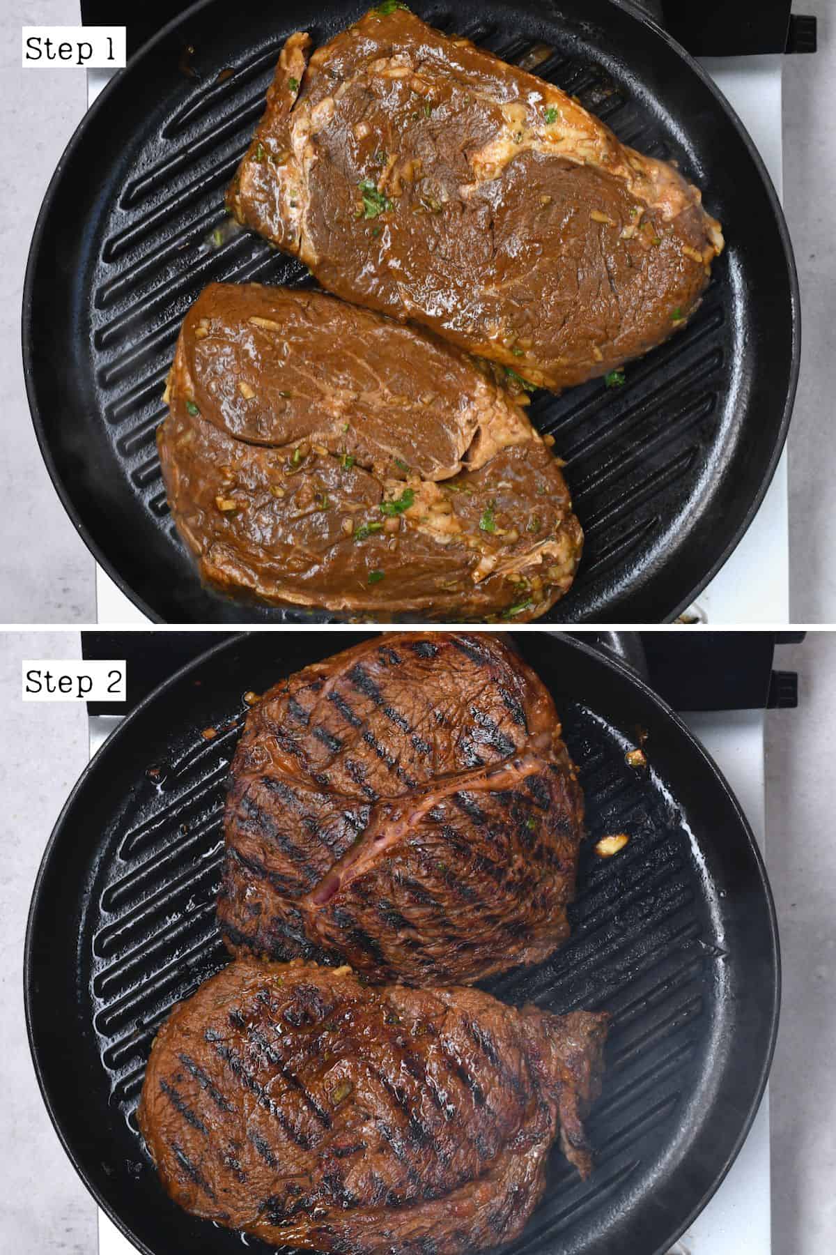 Before and after cooking steak on a skillet