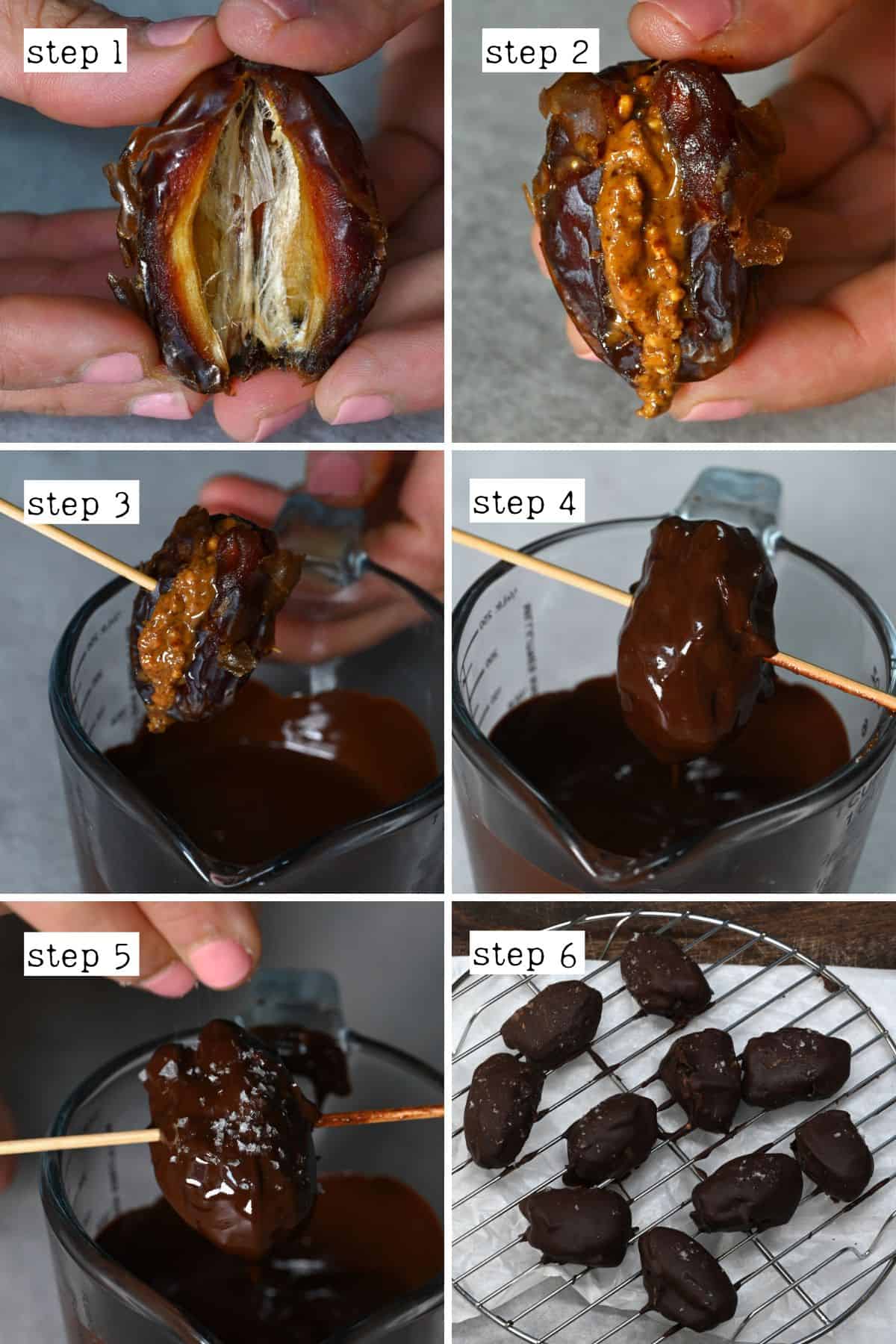 Steps for covering dates with melted chocolate