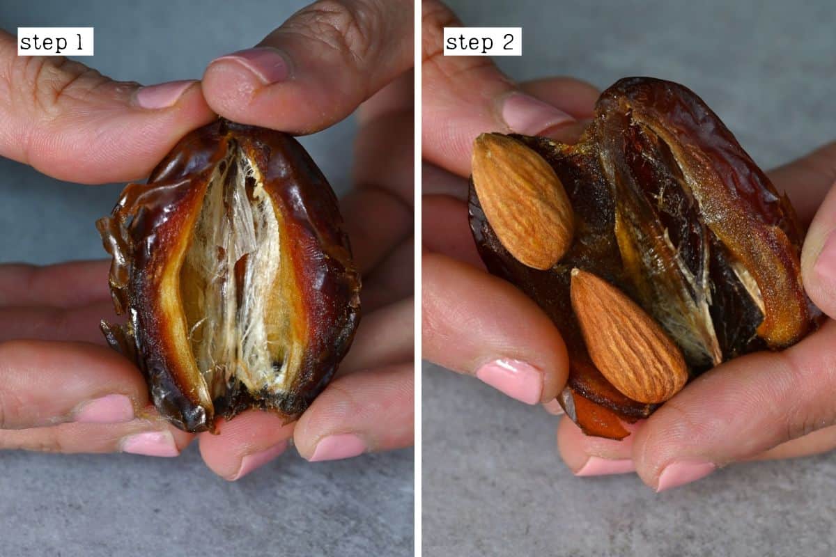 Steps for stuffing dates with almonds