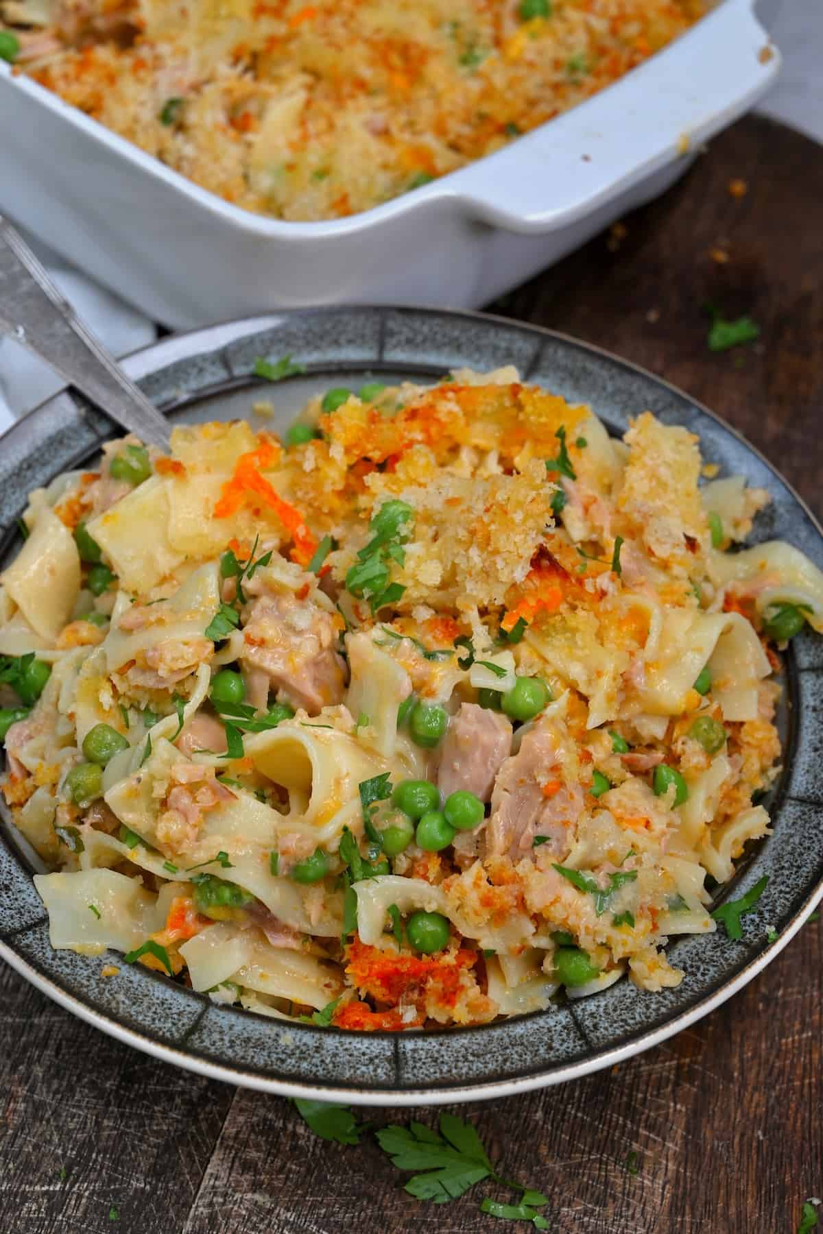 A serving of tuna casserole