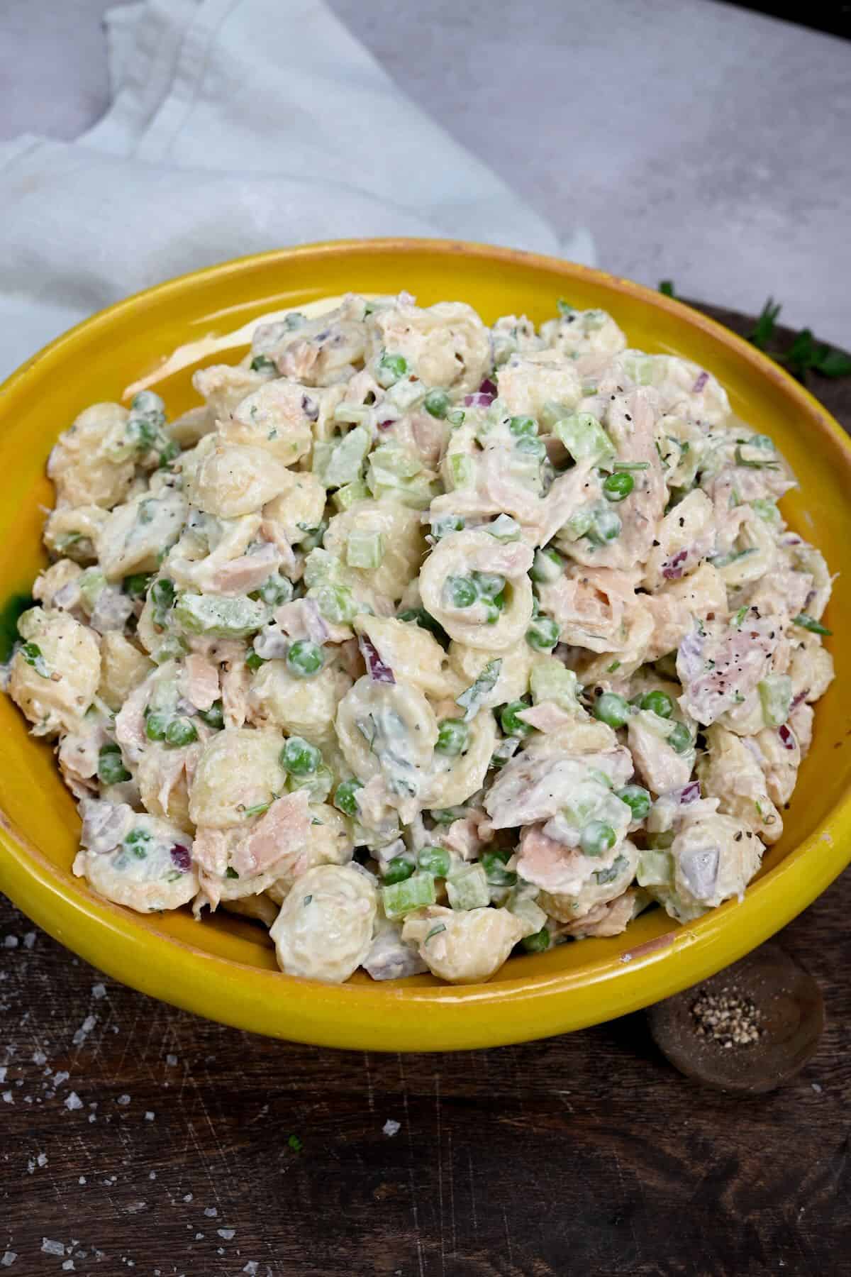 A serving of tuna pasta salad