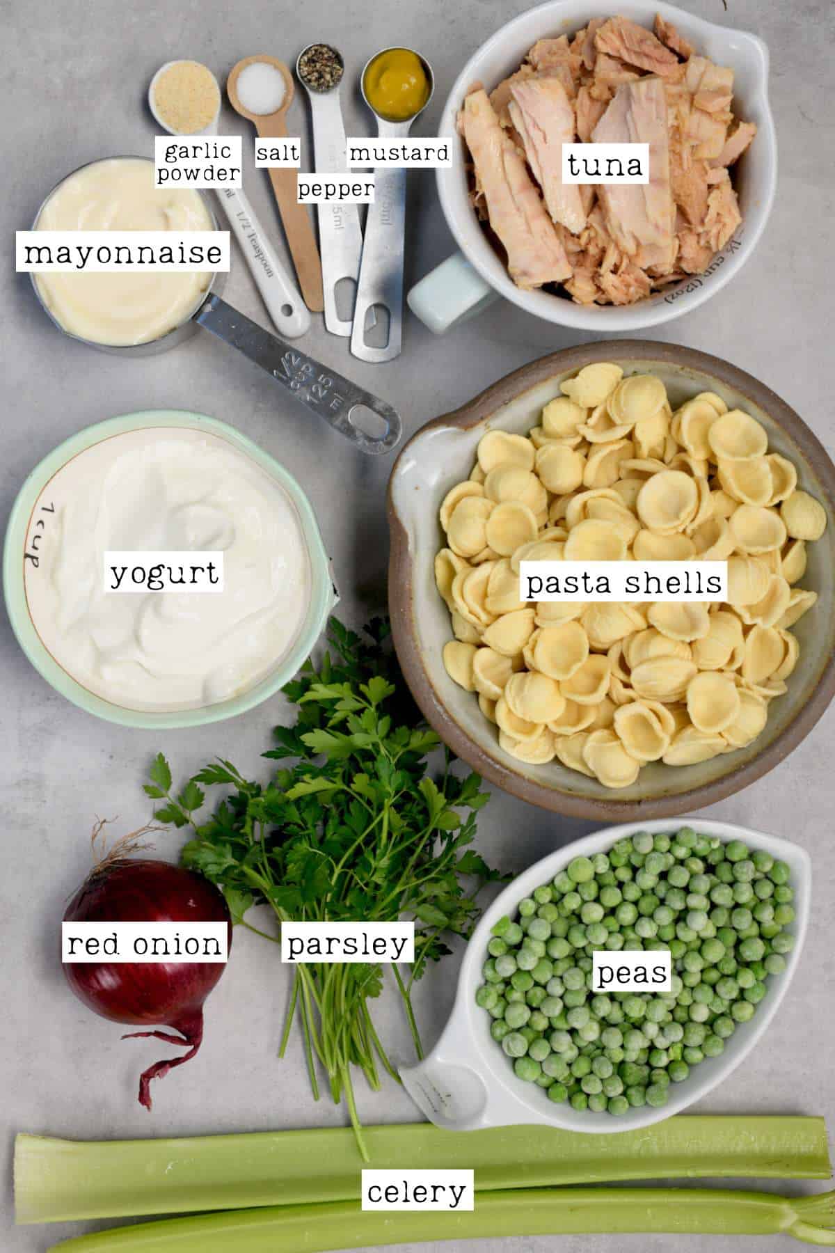 Ingredients for tuna pasta salad