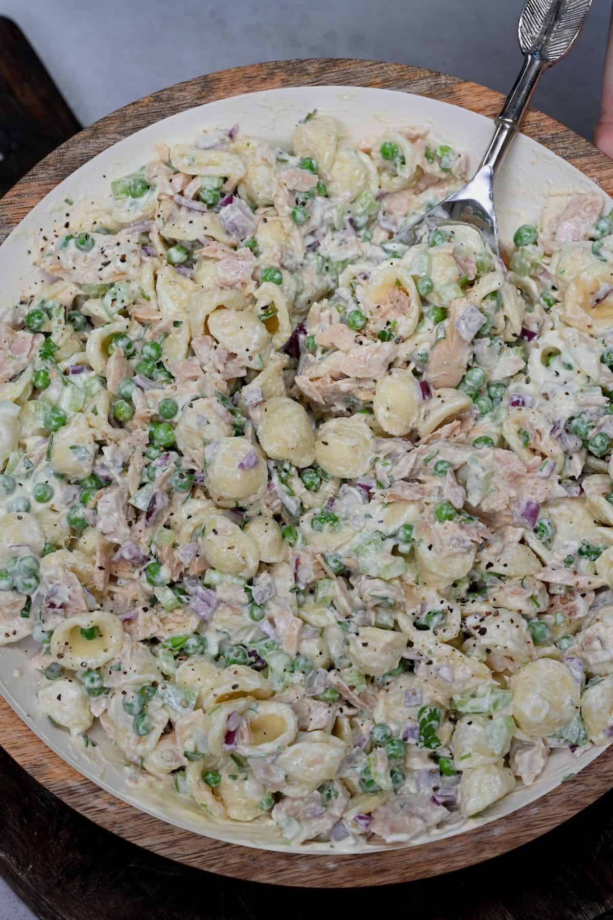 Tuna pasta salad in a bowl