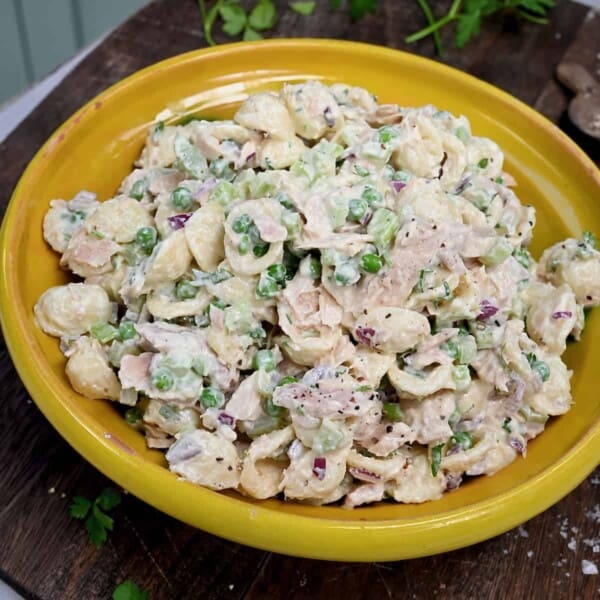 A bowl with tuna pasta salad