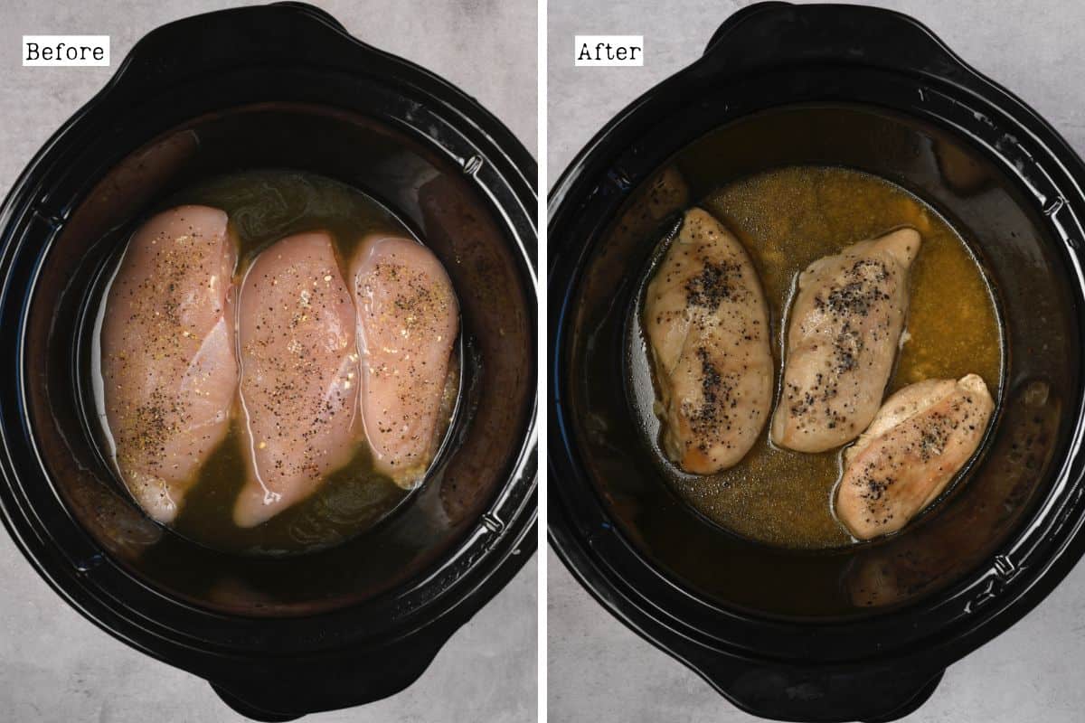 Before and after cooking chicken breasts in a crockpot